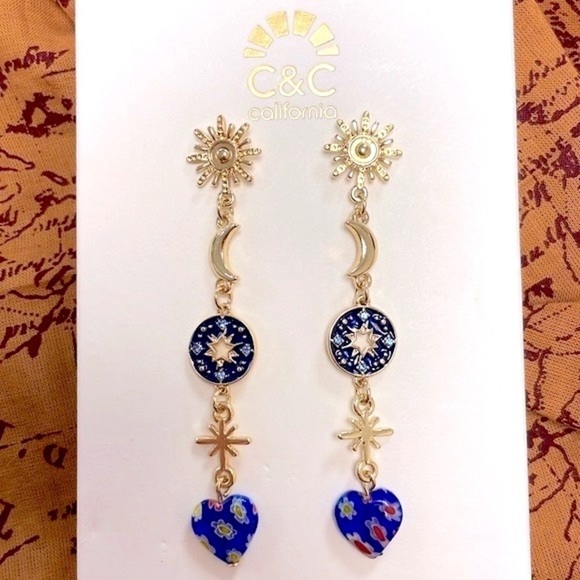 Brand New C&C California Gold Tone Blue Flower Heart Moon Star Drop Earrings - Picture 13 of 14